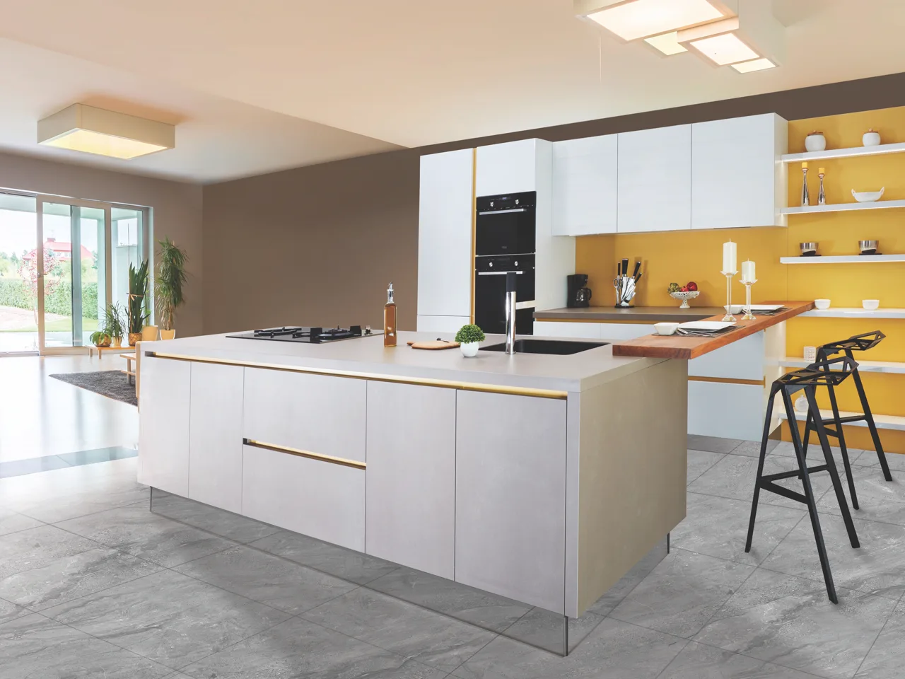Offene Küche mit gelben Einbauten und ruhiger Materialpalette